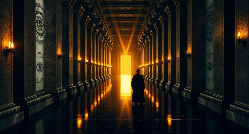 Man walking toward glowing door